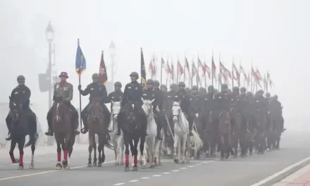 The rehearsal for the 75th Republic Day Parade begins as dense fog covers Delhi.