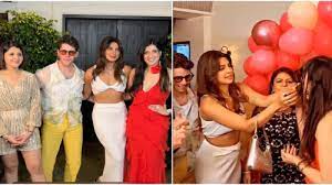 Priyanka gives Mannara Chopra cake on her birthday and poses with Nick Jonas and other family members.