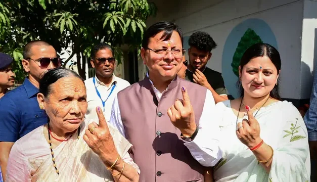 As Uttarakhand goes to polls, CM Dhami is among the first to cast a ballot.