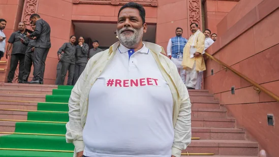 While taking an oath in the Lok Sabha, Bihar MP Pappu Yadav wears a “Re-NEET” T-shirt and queries, “Who will talk about the youth?”