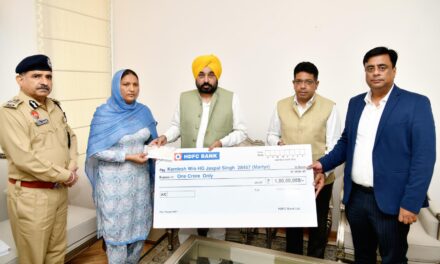 CM Bhagwant Mann hands over cheque of insurance worth Rs 1 crore to family of martyred Home Guard Jawan Jaspal Singh