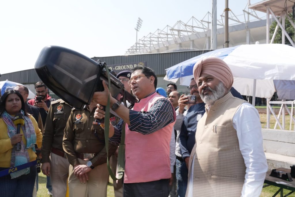 Minister Harpal Singh : Three companies showcase their anti-drone systems at PCA Stadium in Mullanpur.