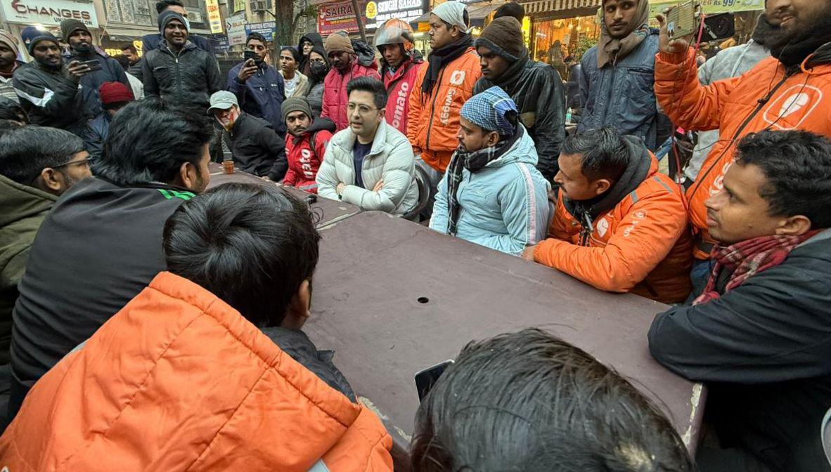 Raghav Chadha Celebrates New Year’s Eve Supporting Gig Workers’ Protest at Old Rajinder Nagar