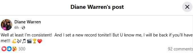 Diane Warren receiving 17th Oscar nomination, holding record for most nominations without a win